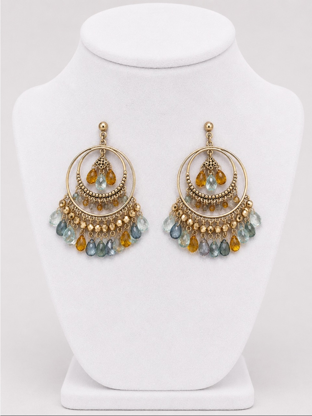 Gold-Tone Boho Chandelier Earrings with Multicolor Teardrop Beads